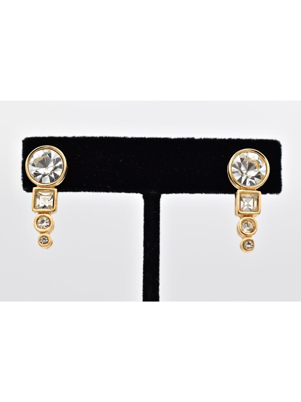 Givenchy Vintage Rhinestone Crystal Clip On Earrings Gold Geometric Signed BinAV - Picture 1 of 12